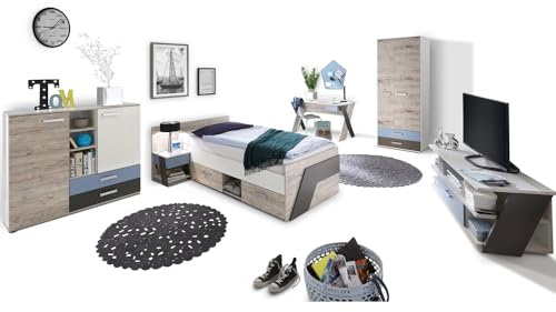 Lomadox Jugendzimmer Kinderzimmer Komplett Set, Sandeiche weiß Lava blau, 90 x 200 cm Jugendbett, Kleiderschrank, Nachttisch, Kommode, TV Lowboard, Schreibtisch