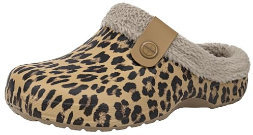 ChayChax Donna Uomo Invernali Zoccoli Sabot Imbottiti Calde Morbide Pantofole Casa Esterno in Comode Peluche Inverno Impermeabile Scarpe da Giardino, Leopardo, 37/38 EU