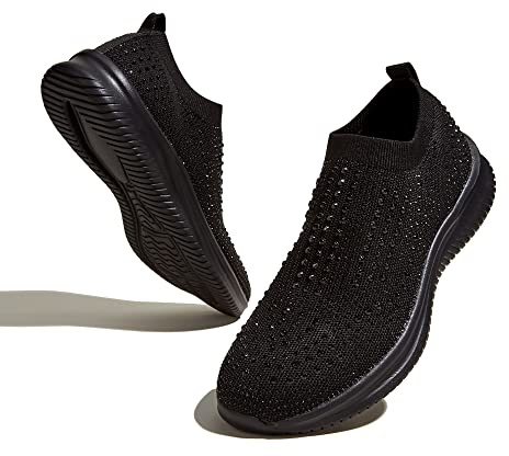 BELOS Women's Rhinestone Slip On Walking Shoes Breathable Mesh Knit Sock Shoes Fashion Comfortable Sparkly Sneaker(Black,9)