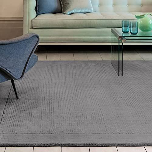 Lord of Rugs 100% Wool Rug for Living Room Dining Bedroom Hand Made Modern Bordered Quality Soft Plain Rug Grey Small 80x150 cm (2'6x5')