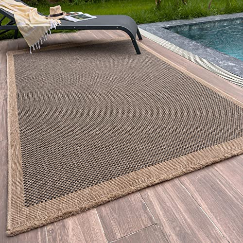 THE RUGS Nature Collection Outdoor Rug – Indoor/Outdoor Tona Border Area Rug for Patio, Deck, Garden, Kitchen, Bathroom or Living Room (Square Dots-Dark Grey, 200 x 290 cm)