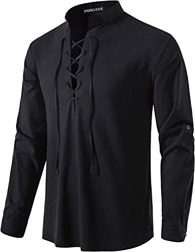 PARKLEES Chemise de loisirs rétro en coton pour homme - Manches longues - À lacets - Costume de pirate médiéval - Viking - Pour Halloween, Noir , S