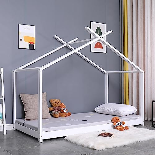 Kingwudo® White and Natural Pine Wood Bed Frame Scandinavian House Style for Girls or Boys Standard Single Bed Frame for Bedroom Furniture, Mattress (WITHOUT) 90x190 cm (White)