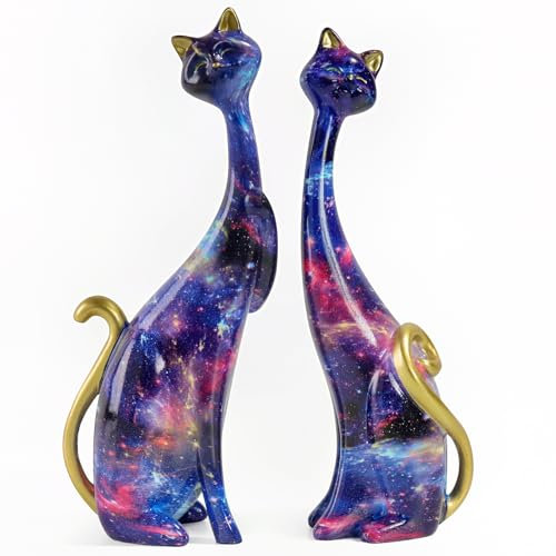 Resin Cat Statues Set of 2, Medieval Cat Decor, Starry sky Cat Statue 9.6-Inch, Cat Figurines Ornaments, Resin Art Sculptures, Cat Couple Statue for Bookshelf & Desktop (Strarry Sky in Dreamland)