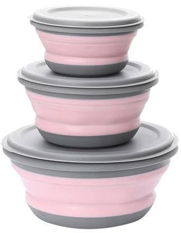 Bols Pliables en Silicone Portable,3 Pcs Pliable Camping Boîtes de Conservation Rondes Boîte de Conservation,Saladiers Pliables avec Couvercle Pliable Camping Boîtes pour Camping,Randonnée(Rose)