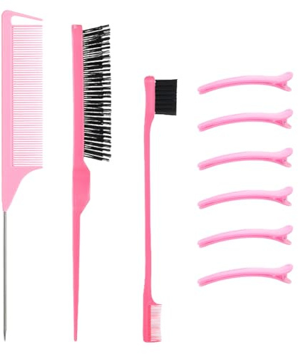 BOZILY 3 Piece Hair styling Brush Set with 6 Pink Hair Pins,Teasing Brush,Rat Tail Comb,Edge and Back Brush,Combing,Smoothing Hair for Women,for Frizz Hair(Pink)