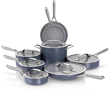 Ninja NeverStick Ceramic Pro 14-Piece Cookware Set, Non-Stick Pots & Pans Set with Glass Lids, Ceramic Coated, Stainless Steel, Stove to Oven Safe, All Stovetops & Induction Compatible, Blue CW39014MM