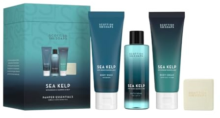 Scottish Fine Soaps Sea Kelp Pamper Essentials Gift Set – Body Wash, Body Cream, Bath Soak and Cleansing Soap Bar Set