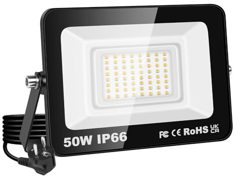 RIGIDON Projecteur Led Extérieur Avec Prise, 1x 50W 5000LM IP66 étanche Éclairage de Sécurité, Spot Led Lampe pour Patio Garage Terrasse Jardin Chantier Muraux Atelier, 3000K Blanc Chaud Luminaires