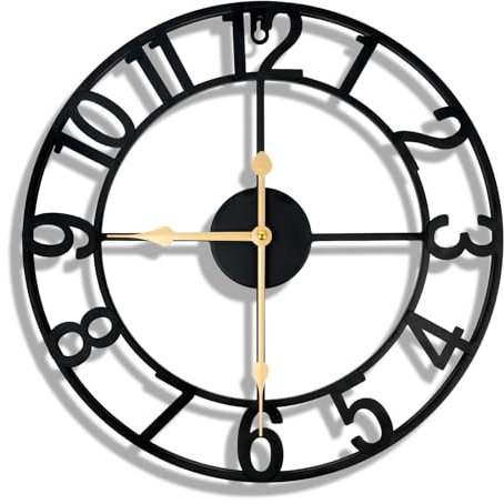 Vicloon 40 cm Grande Orologio da Parete Rotondo in Metallo, Silenzioso Senza Ticchettio, Stile Moderno e Vintage, Batteria, Ideale per Soggiorno, Cucina, Ufficio, Nero