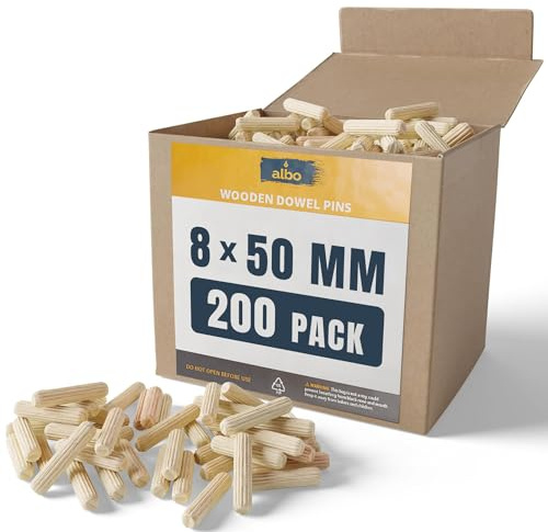 ALBO Wooden Dowel Pins 8mm x 50mm / 5/16 х 1.97 inch Fluted Wood Dowels Rods 200 Pack Hardwood Crafts Dowel Pegs