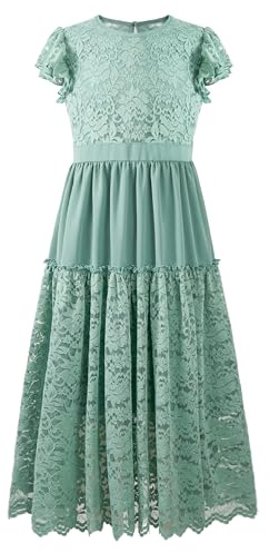 Rolanko Abito in Pizzo per Ragazza, Vestito Principessa Lungo con Maniche a Volant per Matrimonio Feste da Prima Comunione, Verde, 9-10 Anni, 140