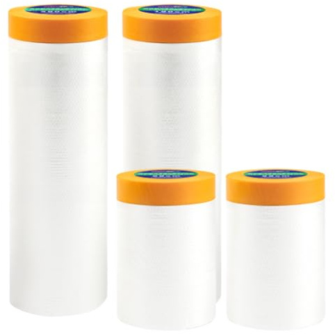 Moosono 4 Rollen Abdeckfolie mit Klebeband, Malerfolie Abklebeband mit Folie (280cm*20m,150cm*20m,55cm*20m x 2), Selbstklebende Gold Tape Masking Master, Malerkrepp zum Staubschutz Fenster Tür Möbel