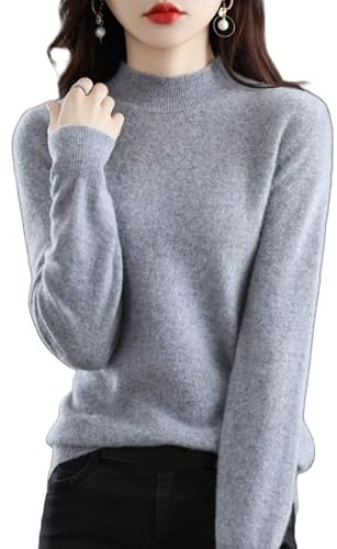 Suéter De Cachemira para Mujer, Jersey De Punto De Lana Merino De Otoño, Talla Grande, Elegante, Cuello Alto Medio, Manga Larga, Suéter Suave Y Cálido De Lana De Invierno, Gris Medio M