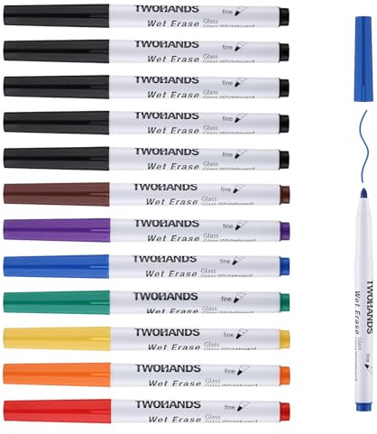 TWOHANDS Wet Erase Markers(Fine Tip), For Glass, Mirrors & Whiteboards, Wipe Clean with Damp Cloth, 8 Vibrant Colours,12 Count,19707