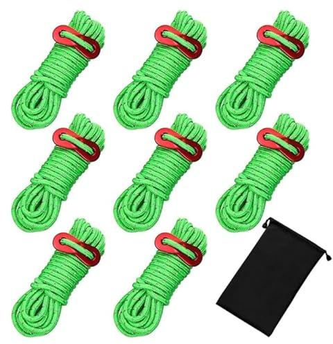Tent Guy Ropes, 8Pcs Reflective Cord Guy Line Tent Guide Rope with Aluminum Adjuster, 4mm/13 Feet Guy Ropes with Storage Bag Suitable for Outdoor Camping Hiking Awning Tents (Green)