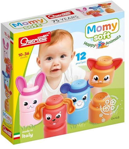 QUERCETTI Momy Soft Happy Animals, Set di 8 Morbidi Mega Bloks Colorati per Bambini 6-36 Mesi, Gioco Educativo per Sviluppare Motricità Fine, Creatività e Coordinazione Occhio-Mano Costruzioni Bambini
