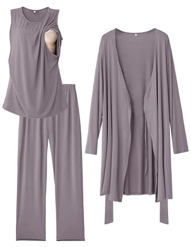 SUNNYBUY Amningskyjamas-set för kvinnor 3-delad mamma- och amningpyjamas med topp, byxor och morgonrock perfekt för graviditet, veckosäng och klinik