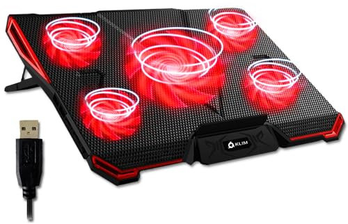 KLIM Cyclone - Laptop Kühler - NEU - Ständer - Maximale Kühlung - Verhindere Ãœberhitzung - Schütze Dein Laptop - 5 Lüfter 2200 & 1200 RPM - Cooling Pad für Computer PS5 PS4 Xbox One - Rot