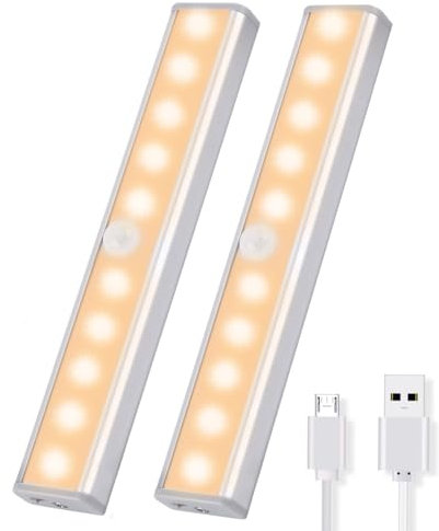 OUSFOT Luce con Sensore Di Movimento, 10 LED Luce Sottopensile Cucina LED 2 pezz Magnetica Ricaricabile Luci Armadio Adatto per Scale, Corridoi, Cucine Emergenze in Garage