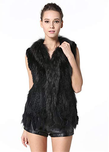 KAISHIN Mode Réel Tricoté Gilets De Fourrure De Lapin pour Femmes Casual Col De Fourrure De Raton Laveur Col Manteau Sans Manches (Noir, FR 36-38 Taille)