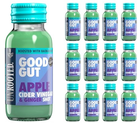 UNROOTED GOOD GUT Apple Cider Vinegar, Ginger & Baobab Gut Health Shots – Detox & Anti Inflammation, Boosted with Spirulina, Coconut Water & Baobab, Daily Shot Multipack 12 x 60ml Bottles