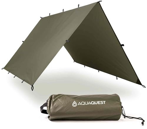 AquaQuest Safari wasserdichte Camping-Plane - Leichter Sonnenschutz oder Regenschutz - Wandern, Rucksackreisen & Hängematte, 4,5 x 4,5 m Olivgrün