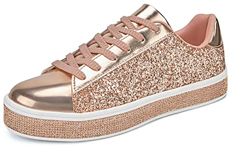 UUBARIS Zapatillas de tenis con purpurina para mujer, color neón, elegantes, brillantes, con diamantes de imitación, para boda, novia, zapatos de lentejuelas brillantes, Purpurina de oro rosa, 43 EU