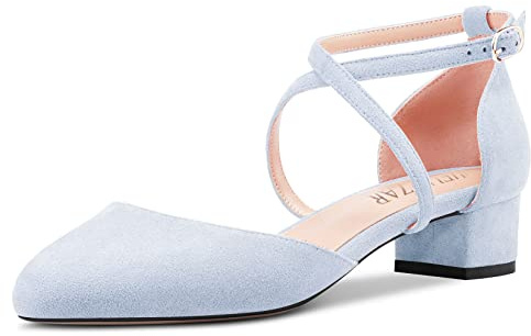 HEUIVZAR Femmes Talon Heel Escarpins Rond Bout Kitten Bas Chunky Bloc Talon Heel Cross Strappy Lanières Cheville Sandales Suède Dress Chaussures Bleu Ciel 3.5 CM 36 EU