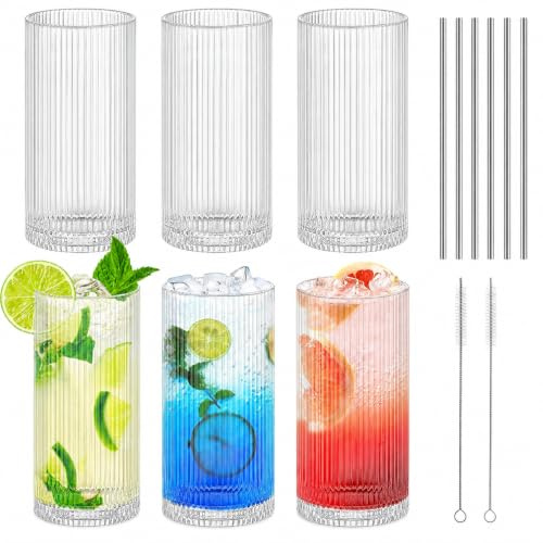 6 Stück gerippte glaswaren trinkgläser, 340ml klar kristall gläser set mit Glas Strohhalme, origami stil kristall gläser geriffelte Glaswaren für Coocktail Whiskey Saft Wasser