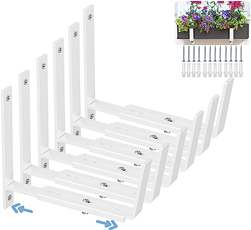 HFHOME 6 staffe regolabili per fioriera (da 6 a 31,8 cm), staffe universali per finestre, in metallo resistente, ganci per montaggio a parete per balcone, recinzioni, patio e giardino, colore: bianco