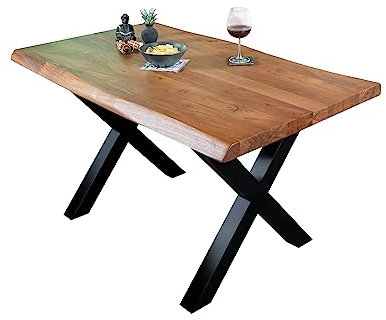 SAM Esstisch 120 x 80 cm Cali, Baumkantentisch nussbaumfarben, Akazienholz massiv, X-Gestell aus Metall Schwarz, aufgedoppelte Kanten 25+25 mm