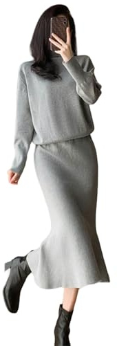 MdybF Damkjol passar kvinnor tröja tvådelat set hög krage solid pullover + elastisk midja stickad kjol kostym vinter, bildfärg, L