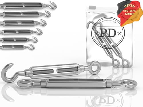 PD® Spannschloss M6 Edelstahl A4 (Haken-Öse) | Seilspanner Sonnensegel ROSTFREI | Spannhaken mit Spannschraube | Drahtspanner für Segel Befestigung, Wäscheleine & mehr | Drahtseil Spanner | 2 Stück
