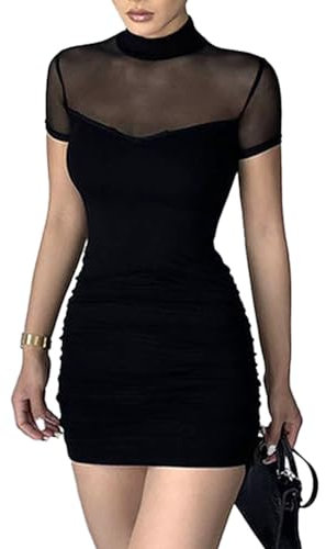 EMOTTOS Sexy Mini Mesh Kleid, Weiches Damen Spitze Patchwork Kurzarm Club Bodycon Kleid, Halbhoher Ausschnitt Gerüschte Partykleider, Schwarz, S