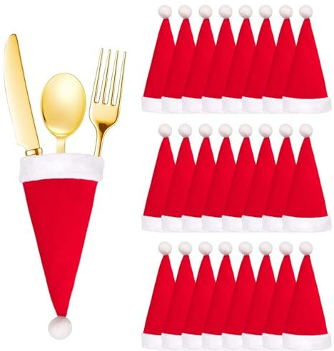 24 Stücke Mini Weihnachtsmützen, Besteckhalter Weihnachten, Kleine Weihnachtsmützen, Weihnachtsmützen, Mini Weihnachtsmütze, Mini Nikolausmütze, Weihnachtsmützen für Flaschen, Weihnachtsmütze Klein