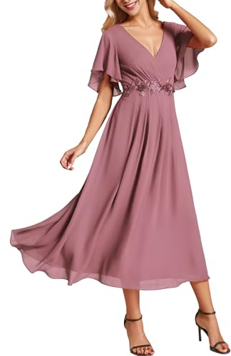 Ever-Pretty Vestito Donna Elegante Abito Cerimonia Donna con Applique e Collo V Midi Maniche a Volant Chiffon Stile Impero Orchidea 48