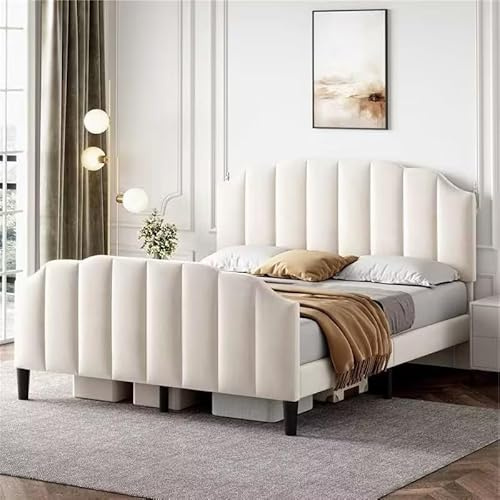 BTM 4ft6-135x190cm Double Bed Frame, Upholstered Double Bed Frame with Adjustable Headboard, Double Bed with with Solid Wood Slat and Mute Foam, Beige Velvet Double Bed(No Mattress)