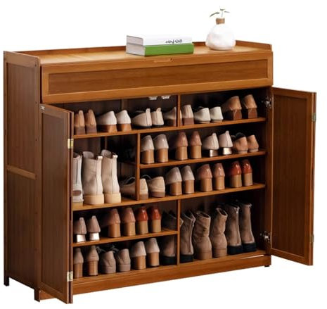 Schuhschrank aus Bambus mit Falttüren, 7 Ebenen, Schuhregal für 48 Paar, Schuhregal mit großem Fassungsvermögen, für Eingangsbereich, Flur, Wohnzimmer, Büro