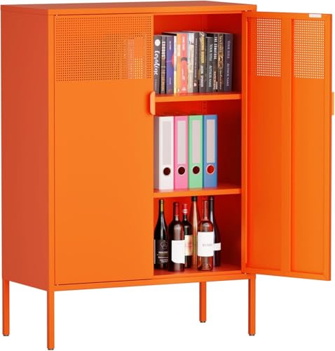 MetaCate lnov Armario Metalico,Aparador de Metal Estantes con Puertas,Marco de Acero,Armario de Almacenamiento para Oficina en Cocina,Salón,Comedor,Entrada,40 x 80 x 120AL cm,Naranja