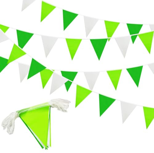 Guirlande verte et blanche de 20 m, 52 fanions triangulaires réutilisables et imperméables, pour décoration d'anniversaire, de mariage, de fiançailles, d'intérieur et d'extérieur