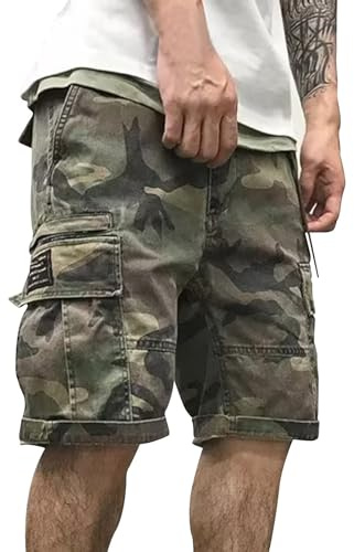 LinRim Pantaloncini cargo da uomo, con tasche multiple, estivi, per il tempo libero, per sport, campeggio, escursionismo, mimetica