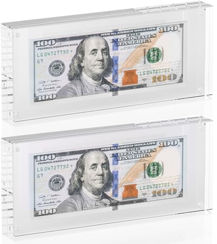 Dollar Bill Frame Display 2 Pack– 7.8 x 3.9 Acrylic Dollar Bill Holder, Thick Magnetic Self-Standing Display Case for Currency, Tickets, Banknotes, and Stamps (2)