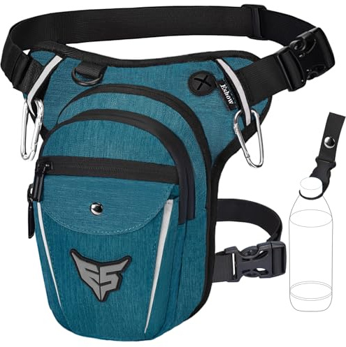 Eshow Sacoche de Jambe Moto Capacité Extensible, Sac Banane Femme Homme avec Bande Réfléchissante, 1 Clip à Gourde, 2 Mousquetons pour Randonnée Pêche Vert