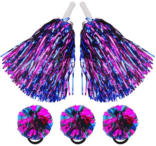 Hooshing 5PCS Blue and Hot Pink Cheerleading Pom Poms and Wrist Ropes with Poms for Cheerleader Girls Sports Spirits Rewards Cheer in Party Festival