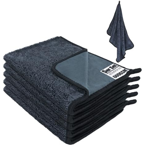 Wusboo Asciugamani in microfibra, panno asciugatura auto, 600 g/m² - Confezione da 5, senza pelucchi, senza aloni, ad asciugatura rapida, per lavaggio auto, doccia e pulizia (Blu-grigio, 60x40 cm)