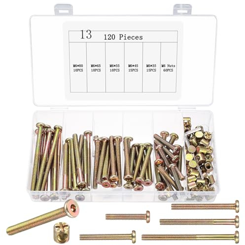 120 tornillos para muebles M6, tornillos hexagonales para cama con tuercas cilíndricas, tornillos para cama con tuercas transversales, tornillos de cabeza plana, tornillos de manguito M6 x 33/45/5565