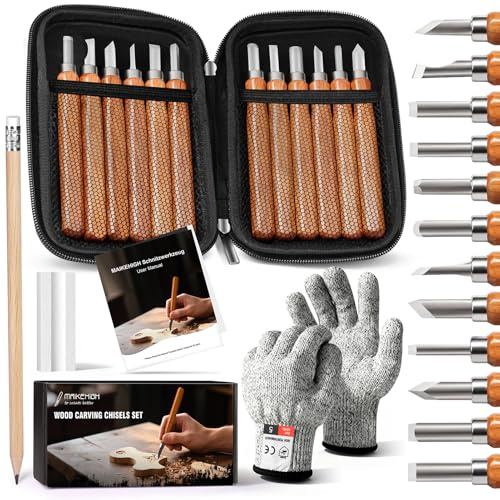 MAIKEHIGH Kit d'outils de sculpture sur bois 16Pcs,Ciseaux à Bois pour bricoleur Sculpture Experts en charpentier et débutants avec Gants Anti-coupures