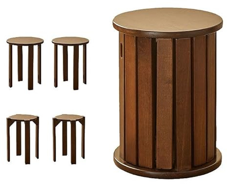 Set Di 4 Sgabelli Rotondi Impilabili In Legno Massello, 4 In 1 Sgabelli Cucina Con Ruote Girevoli, Sgabello Trucco Comodino Multifunzionali, Sgabello Bar (Marrone Scuro, Senza Ruote 35 × 35 × 47 cm)
