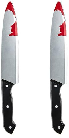 UltraByEasyPeasyStore Ultra Halloween Bloodied Fake Cleaver Fancy Dress Accessory 30cm Long Slasher Prop Knife with Fake Blood Chopping Plastic Novelty (2 Black Knives)